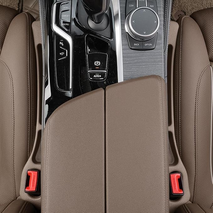 Car Seats Gap Filler Dual-Slot Car Seat Gap Organizer – with Belt Slot, Anti-Drop Gap Filler for Cars & SUVs – No More Lost Items, All Within Reach (2PCS) (Brown)