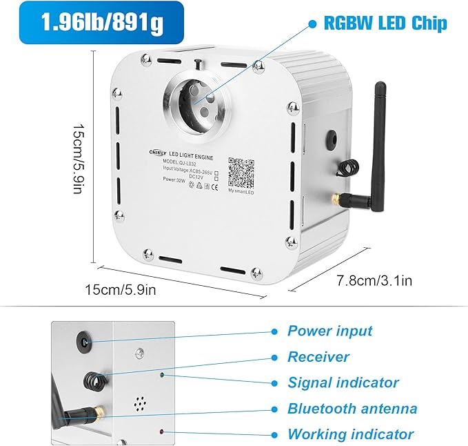 CHINLY Starlight 32w Twinkle 710pcs 13.1ft (0.03in+0.04in+0.06in+0.08in) Bluetooth RGBW LED Fiber Optic Star Ceiling Light,APP/Remote +Adapter+Cigarette Lighter+10 Crystals,for Headliner/Ceiling
