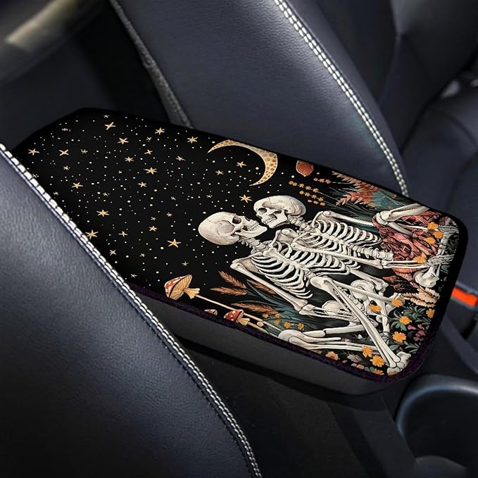 Suobstales Skull Mushroom Moon Star Print Car Armrest Pad Soft Center Console Arm Rest Protector Cover Universal Car Interior Accessories Decoration