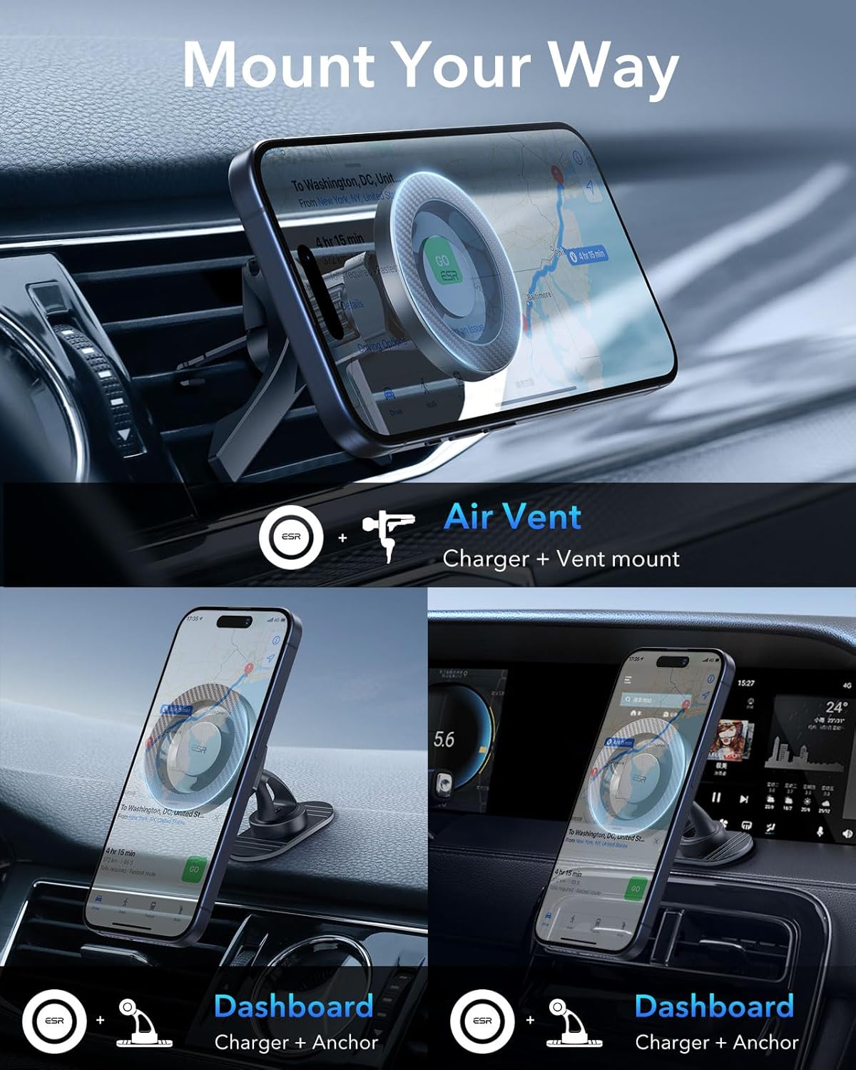 ESR for MagSafe Car Mount, Magnetic Car Phone Holder Mount, Air Vent/Dashboard Magnetic Phone Mount for iPhone 16/15/14/13/12, Galaxy S25, Strong Magnets, Charging Not Supported, Black Carbon Fiber