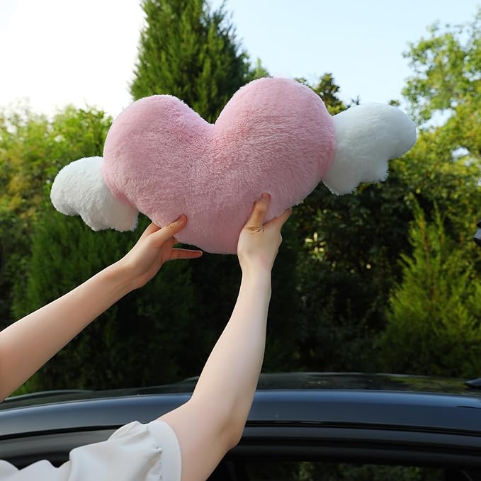 2 Pack Heart Shaped Cute Car Headrest Pillow with Angel Wings - Comfortable Soft Head Rest Cushion Kawaii Car Accessories Neck Pillow for Driving Travelling Office Home Decor - Lavender Love Heart