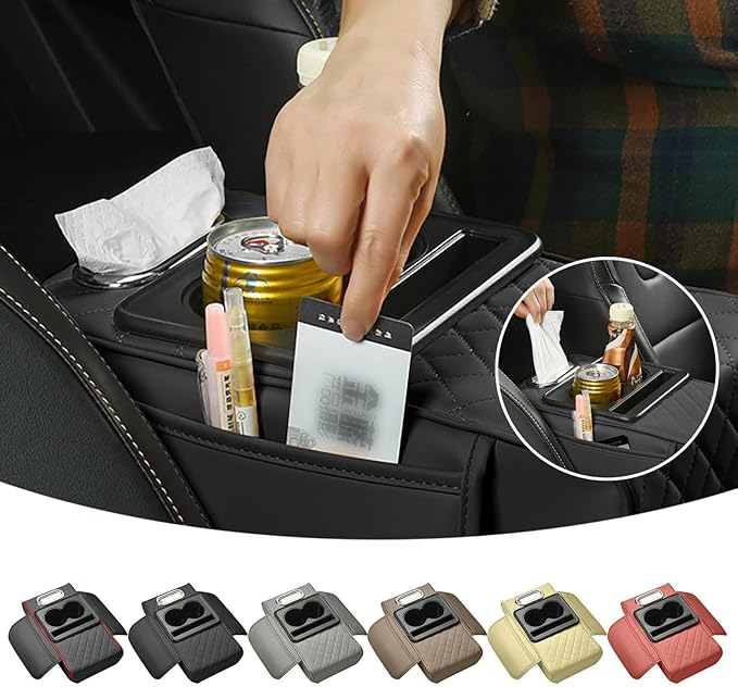 Car Armrest Cushion, 5-in-1 Center Console Cover with 2 Storage Bags Cup Holder, Cup Holder Tissue Slot Phone Slot for Car, Universal Car Armrest Box Cover Protection Pad for Most Vehicles (B)