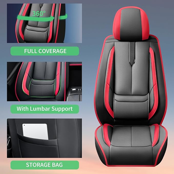 Fit Avalon Car Seat Covers for Toyota Avalon 2001-2024 2025 2026 -Upgraded Premium Waterproof & Breathable Leather,Airbag Compatible,All-Weather Seat Cushion Protector,2 Front/Black-Red