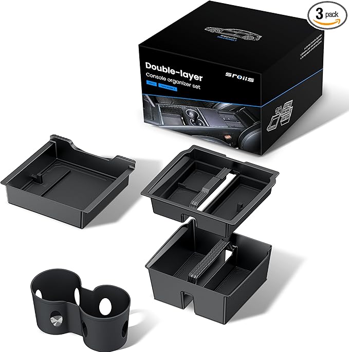 Sroiis® Gen 2 Double-Layer Center Console Organizer Set for Tesla Model 3 Highland Accessories (2024 2025 2026) True 2-Tier Storage System [ Upper Tray + Hidden Lower Compartment ] - 3PCS Jet Black
