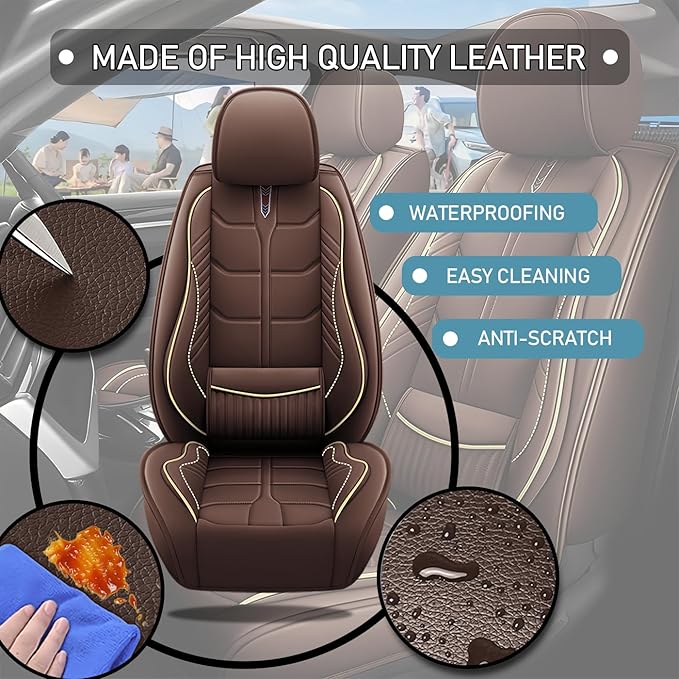 Leather Car Seat Covers Fit for Toyota Highlander Hybrid 2006-2024, 5 Seater Car Seat Cover, Premium Waterproof, Scratch Resistant Car Interior Accessories (Full Set Coffee)