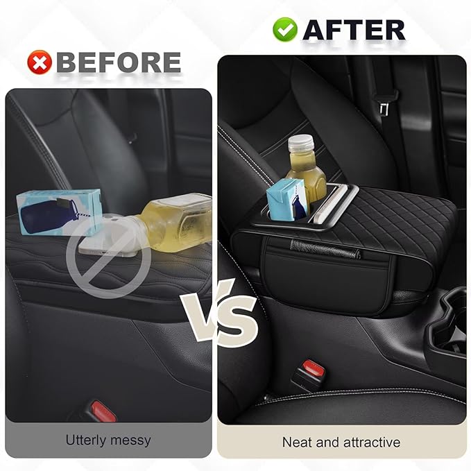 Center Console Cover Fit for Tacoma Faux Leather Car Armrest Cushion with Storage Bags, Cup Holder ＆ Phone Storage Multifunctional Middle Console Cover(Black)