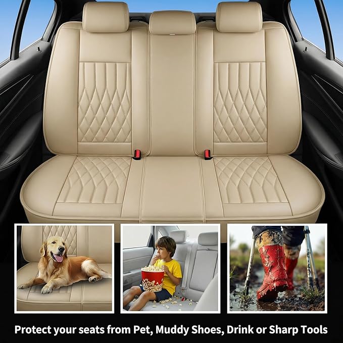 Fit Elantra Car Seat Covers for Hyundai Elantra 2017-2025 2026 - Premium Leather, Waterproof, All-Weather, Airbag Compatible, Anti-Slip, Breathable, Seat Protectors, Full Set, Beige