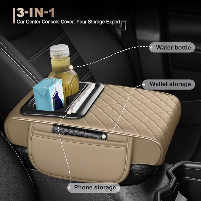 Center Console Cover Fit for Tacoma Faux Leather Car Armrest Cushion with Storage Bags, Cup Holder ＆ Phone Storage Multifunctional Middle Console Cover(Beige)