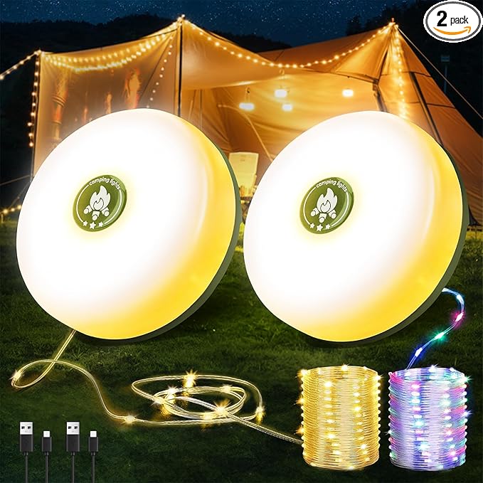 2-Pack Camping String Lights | Rechargeable 4 in 1 Quick Storage 32.8FT Tent Lights with 8 Modes | Hanging Waterproof LED Lamp for Outdoor Patio Garden Party | Christmas Holiday Decor - Camping Gear