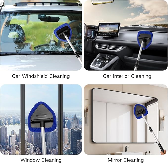 Qydipclin 7pcs Windshield Cleaner Tool Car Window Cleaning Wash Kit with 4 Reusable Microfiber Pads 1 Spray Bottle and Extendable Handle Auto Glass Wiper Kit, Blue