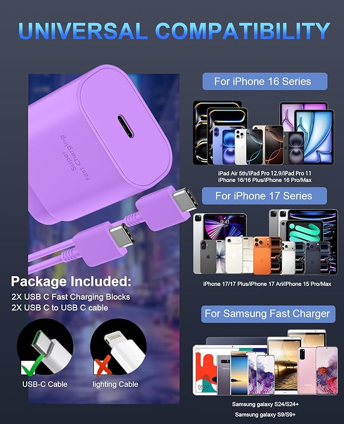 Phone 17 16 15 Charger Fast Charging,30W USB C Phone 17 16 15 Pro Max Charger Block &6.6FT Long Type C Cable Cord for i.Phone 17/Air/17 Pro/17 Pro Max/16/16 Plus/16Pro/16 Pro Max/15/15 Pro Max,Purple