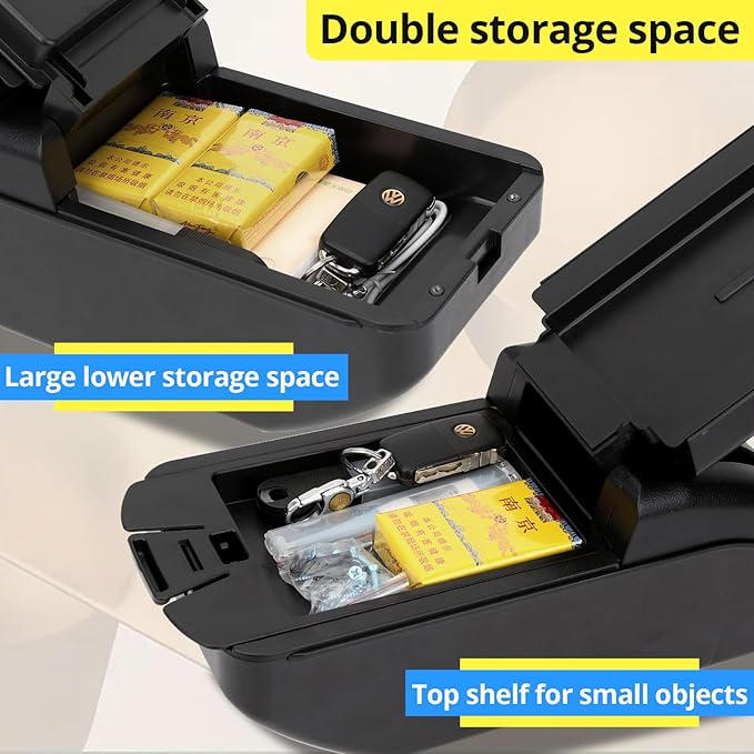 AULPHIKE Compatible with Nissan Note Armrest E-Power Car Center Console Organizer Armrests Double Layer Storage with USB Ports（Carbon Fiber Style）
