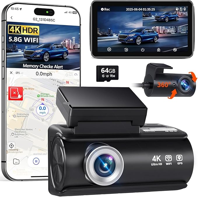 Dash Cam Front and Rear, 4K Full HD Dual Dash Camera for Cars, Built-in Memory Card Monitoring, 64GB Card, 5G WiFi GPS, Car Camera with 3" IPS Screen, 2160P Night Vision, 24H Parking Monitor