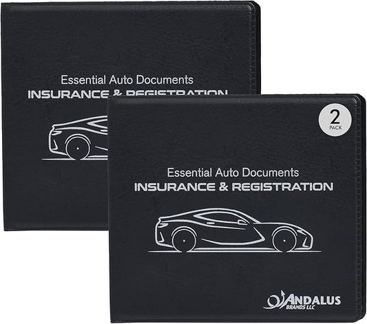 Andalus Auto Registration & Insurance Card Holder Pack of 2, Waterproof Essential Car Registration Holder with Hook & Loop Closure, Perfect for Every Vehicles Glove Boxes (Black - 5 1/8" x 4 5/8")