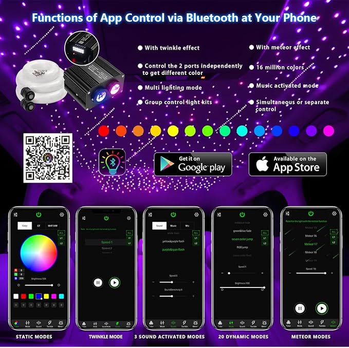AKEPO 18W Twinkle+Meteor 2-in-1 Fiber Optic Lights, Dual Color Ports with 1300pcs+240pcs Meteor Fibers in 0.03in 13.1ft APP Optical Star Ceiling Kit for Car Headliner Star Light Kits or Home Decor