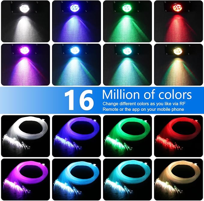 AZIMOM 16W Twinkle & Sound Activate 150pcs*0.03in*6.5ft Fiber Optic Starlight Headliner Kits for Car Home Star Ceiling Sky Decoration, APP& Remote Control Light Engine End Glow Fiber Strands