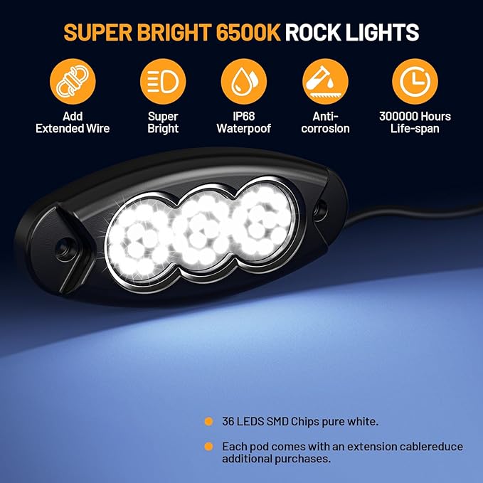 16 Pods White Rock Lights, 36 LEDs 6500K Ultra Bright IP68 Waterproof Underbody Lights for Car Truck Pickup Boat RV RZR ATV with 32.8ft Extension Wire