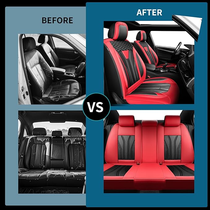 Fit Frontier Car Seat Covers Compatible with Nissan Frontier 2010-2025 2026 - Full Set Premium Leather， Waterproof Breathable， All-Weather Seat Cushion Protecto&Airbag Compatible （Red & Black