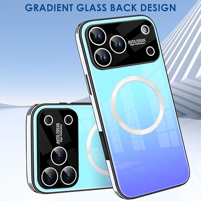 Guppy Compatible with iPhone 17 Pro Magnetic Case, with Full Camera Lens Protector [Compatible with MagSafe] Scratch Resistant Gradient Glass Back Cover Phone Case-Blue