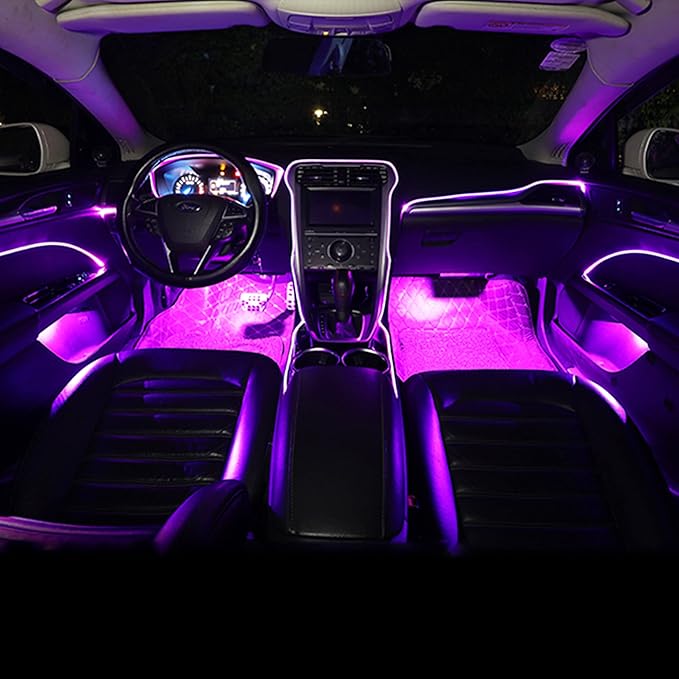Car Interior Ambient Lighting Optic Fiber RGB 64 Colors Multicoloured Music Car Footwell Lighting Kit with Cigarette Lighter and App Microphone, DC 12V-24V 1W 8m