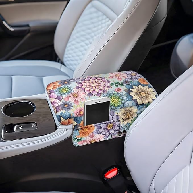 Dreaweet Car Center Console Cover Boho Floral Print Arm Rest Cover for Women Soft Thick Center Console Armrest Pad with Pockets Soft Comfortable Car Armrest Storage Box Mat
