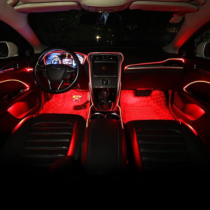 Car Interior Ambient Lighting Optic Fiber RGB 64 Colors Multicoloured Music Car Footwell Lighting Kit with Cigarette Lighter and App Microphone, 12-24V 6m
