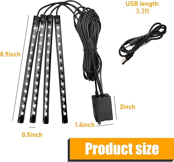 Car Led Interior Lights, RGB 48 LED Multicolor Auto Strip Light with Sound Active Function and Remote Control, Under Dash Smart Lighting Kit with Charger, Car Accessories (USB)