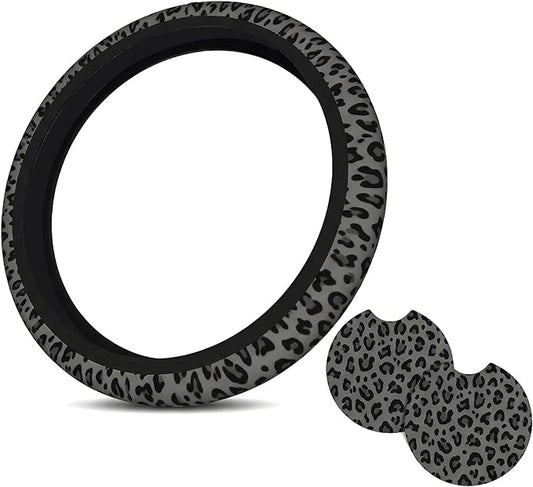 Black Leopard Print Steering Wheel Covern Cheetah Animal Print Steering Wheel Cover Anti-Slip Breathable Universal for Car Steering Wheel Cover for Men Women,with 2 Pieces Car Coasters