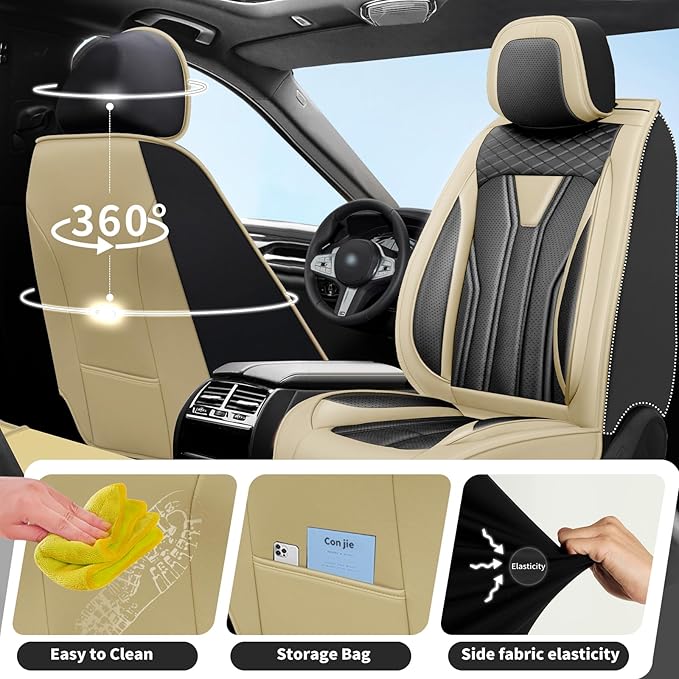 Fit Sonata Car Seat Covers Premium Leather for Hyundai Sonata 2007-2025 2026. Waterproof， Breathable, Scratch-Resistant & All-Weather Seat Cushion Protector（Full Set,Beige&Black