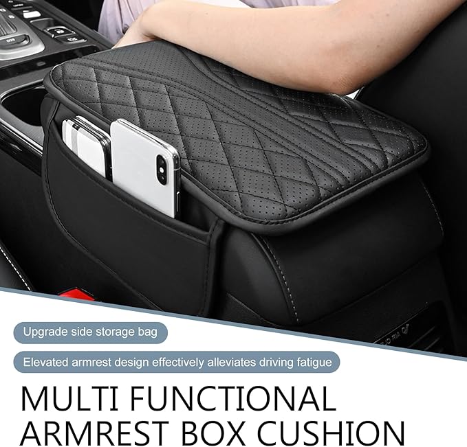 Car Center Console Cover, Leather Auto Armrest Cover with 2 Storage Bags, Universal Cars Armrest Cushion, Vehicle Interior Accessories Protector for Sedan, SUV, Truck((Beige)