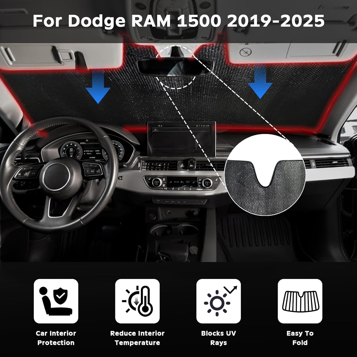 Windshield Sun Shade for Dodge RAM 1500 2019-2025 - 5-Layer Foldable Bubble Foldable Front Window Shade Sun Visor Accessories - Blocks Heat & UV Rays