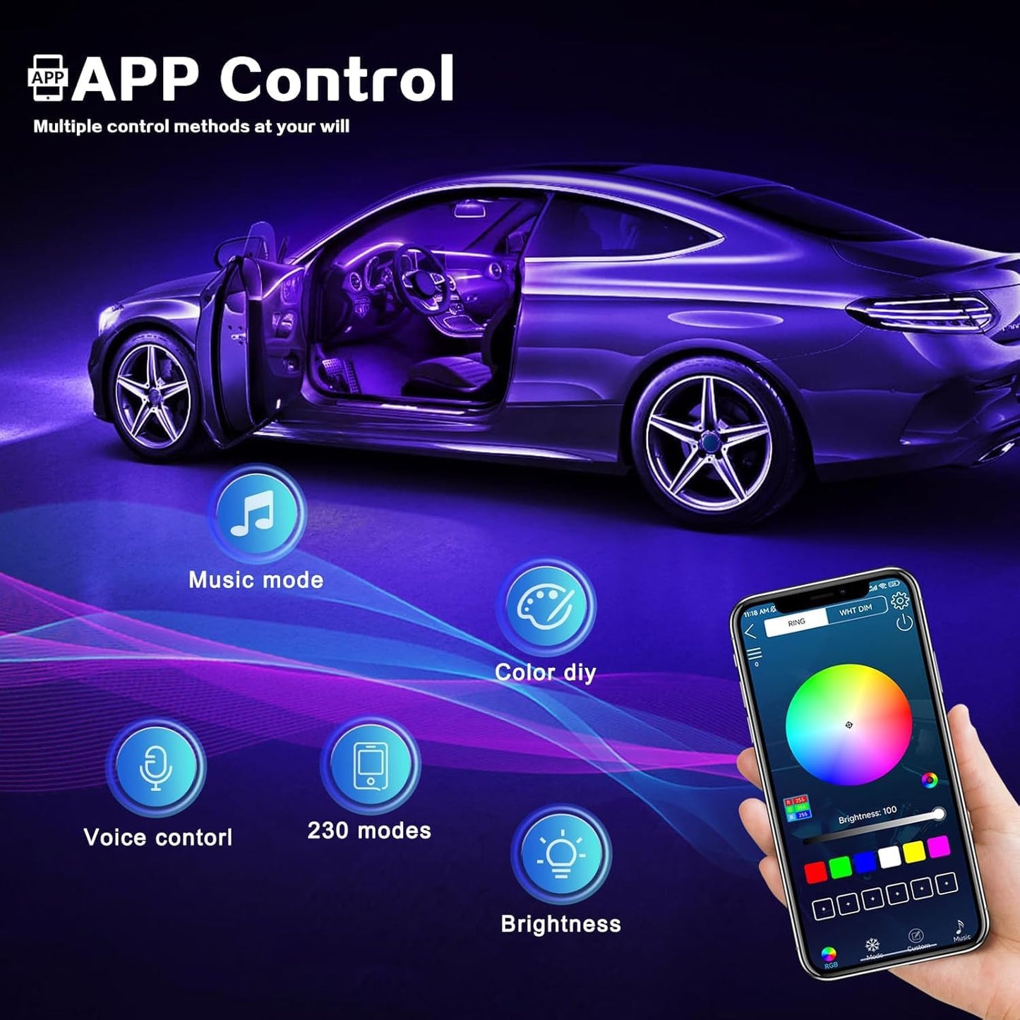 Acrylic Interior Car LED Strip Light with Wireless APP, 10 in 1 with 175 inches 593 LEDs Neon LED Strip Light, RGB Colors Dynamic Music Sync Car Ambient Lighting Kits