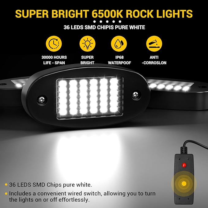 Hovano 8 Pods White Rock Light Kit with Wired Switch - 6500K Pure White LED Underglow, IP68 Waterproof, Super Bright 36 LEDs for Trailer Off Road SUV UTV ATV RZR Car