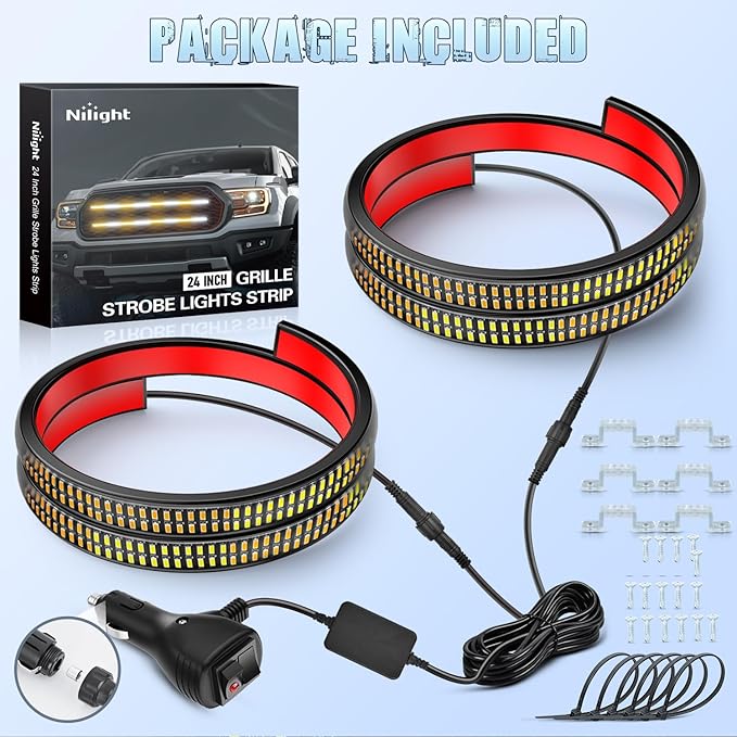 Nilight 2PCS 24 inch Truck Grille Strobe Lights Strip 384 LED Emergency Light Amber White Flexible Side Flashing Warning Caution Safety Waterproof Lighting Kit for Trucks Tow Plow Construction Vehicle