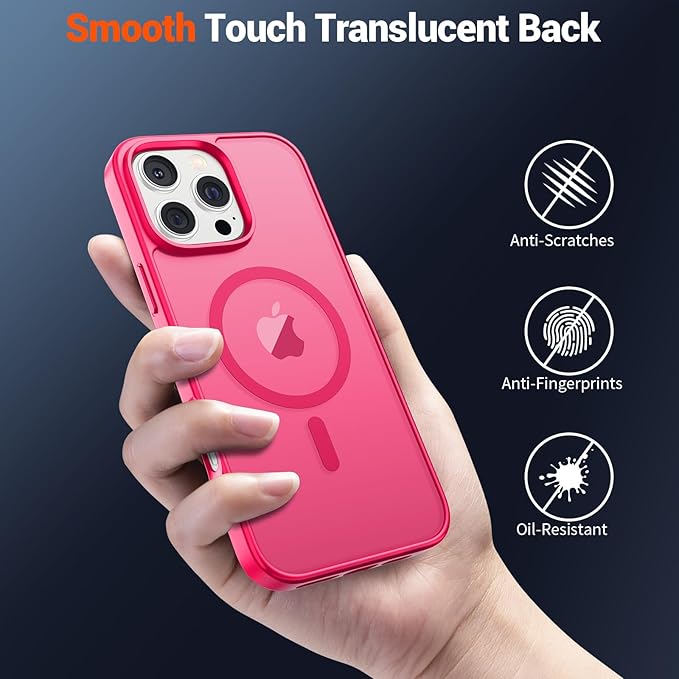 SUPFINE Magnetic for iPhone 16 Pro Case (Compatible with MagSafe) (Military Grade Drop Protection) Slim Translucent Matte Shockproof with Anti-Fingerprint Phone Case,Hot Pink