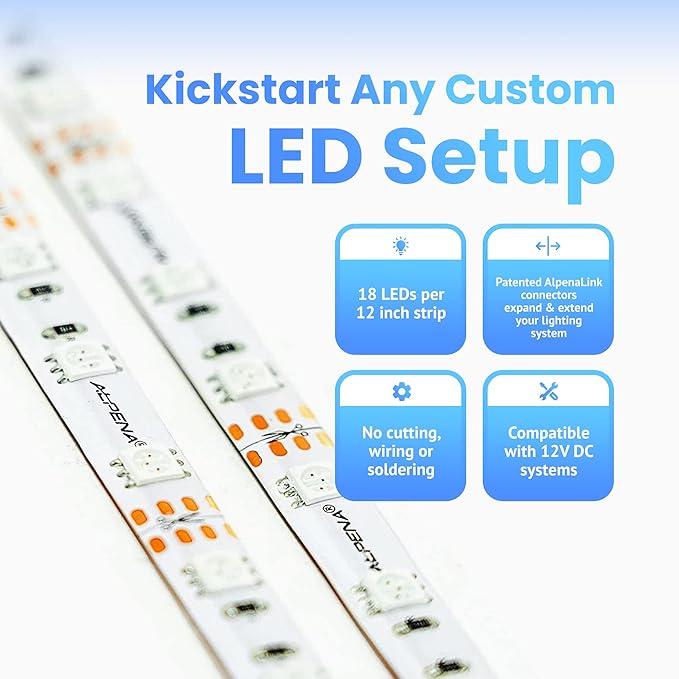Alpena MAX LED Light Strip Starter Kit – EZ-Link Modular 12V Plug-and-Play Lighting for Cars & Trucks, Interior/Exterior Stick-On Light Strips, 2×12” Weatherproof Strips, Purple