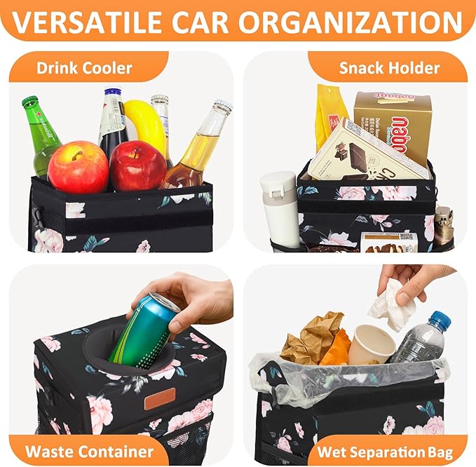 Vankor 4.2 Gallons Car Trash Can with Lid, Bag Bin Hanging Waterproof Automotive Car Garbage Cans Leak Proof Vehicle Trash Can for Truck SUV,Black Floral