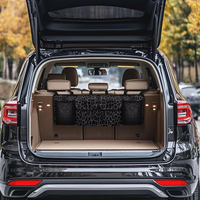 Car Trunk Organizer Small SUV Trunk Organizers and Storage, Balck Leopard Print Car Organization Women Stylish Car Accessories with 4 Pockets, Leave Room for Buying and Shopping