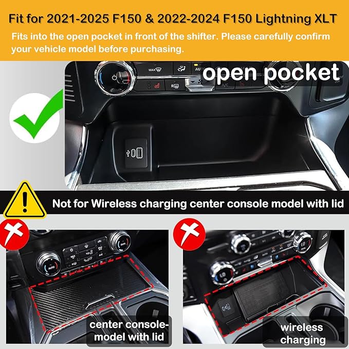 Center Console Compartment Cover for Ford F150 2021-2025 & Lightning XLT 2022-2024, Front Interior Storage Cubby Lid Hidden Secret Pocket Panel (For Open Pocket in Front of Shifter) (Full Coverage)