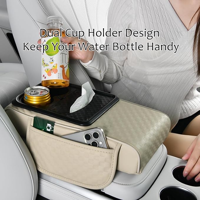 Car Center Console Armrest Pad, Arm Rest Box Cushion with Ergonomic Height Boost, Storage Pockets, Built-in Tissue Box, Cupholder, Fit for Most Sedan Vehicles (Embossing Checkerboard, Beige)