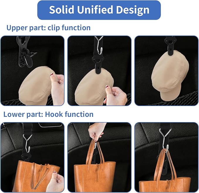 Headrest Hooks for Car, 2-in-1 Backseat Organizer with Bag Hook & Hat Clip, Extendable Universal Vehicle Storage Hanger Car Gifts for Purse, Grocery, Shopping Bag, Cap (2 Pack)