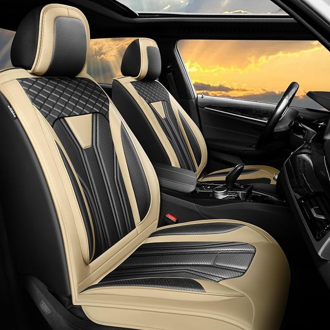 Fit Sonata Car Seat Covers Premium Leather for Hyundai Sonata 2007-2025 2026. Waterproof， Breathable, Scratch-Resistant & All-Weather Seat Cushion Protector（Full Set,Beige&Black
