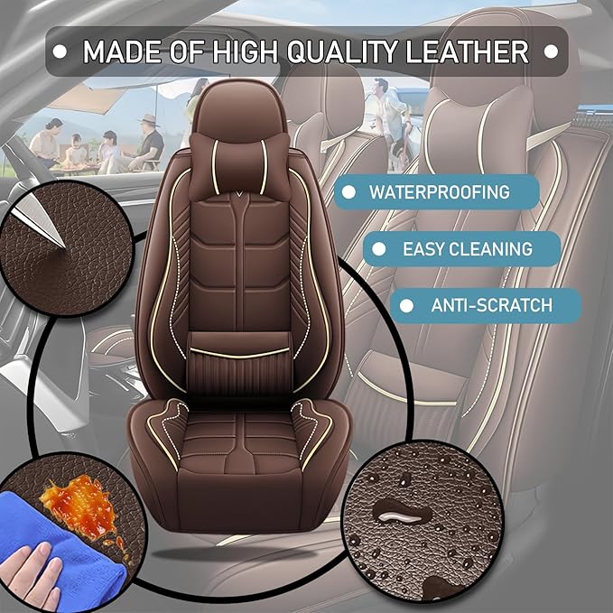 Leather Car Seat Covers Fit for Toyota Yaris Sedan 2019-2020, 5 Seater Car Seat Cover, Premium Waterproof, Scratch Resistant Car Interior Accessories (Full Set with Pillow Coffee)