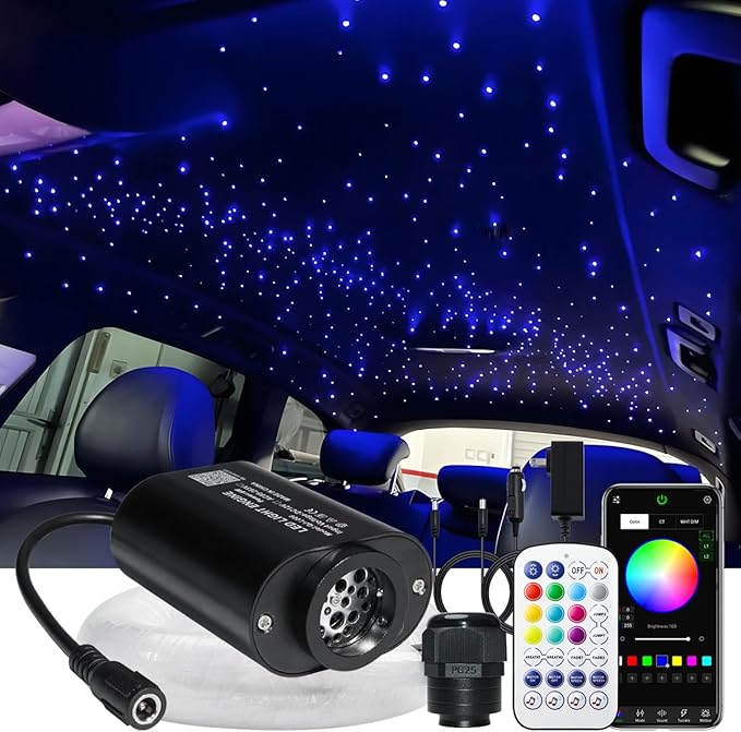 AZIMOM Mini 6W 200pcs Twinkle Fiber Optic Starlight Headliner Kit for Car Home 0.03in 6.5ft End Glow Fiber Strands Sound-Activated APP& Remote Control Starlight Engine