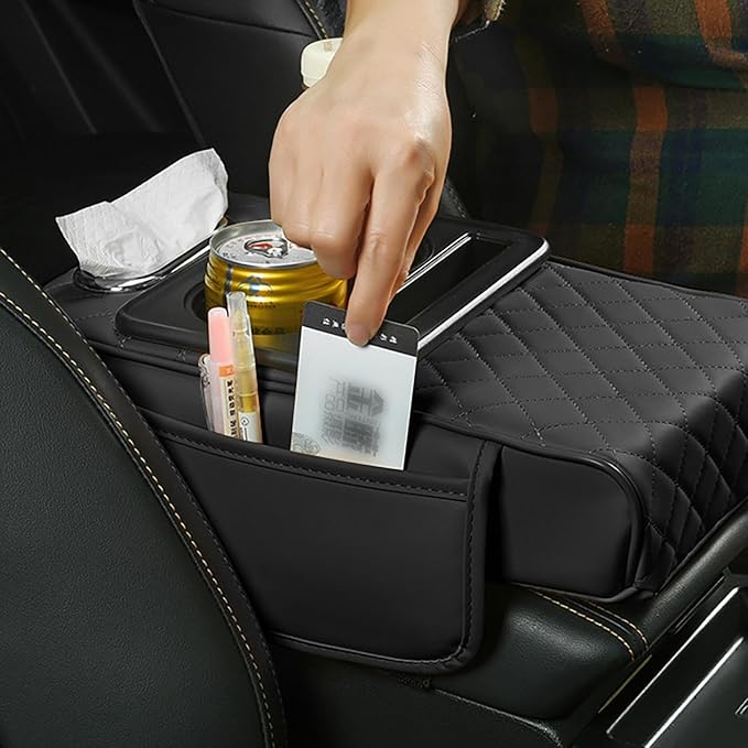 Car Armrest Cushion, 5-in-1 Center Console Cover with 2 Storage Bags Cup Holder, Cup Holder Tissue Slot Phone Slot for Car, Universal Car Armrest Box Cover Protection Pad for Most Vehicles (F)