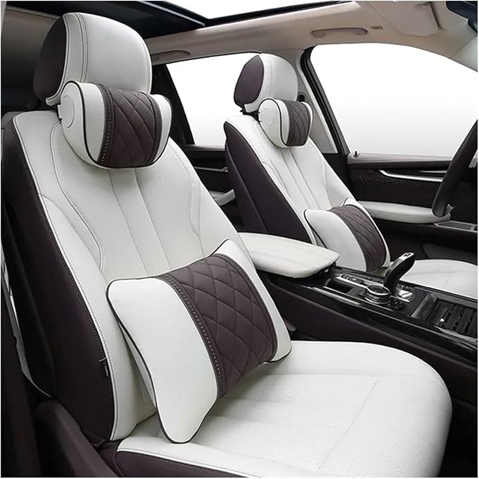 Car seat headrest Leather Car Fit for Seat Rest Cushion Headrest Car Neck Pillow Fit for BMW (Color : Beige red)
