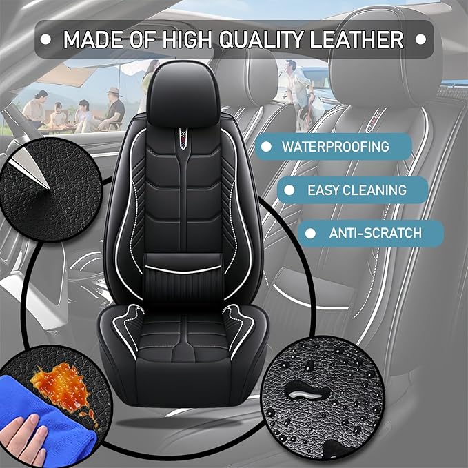 Leather Car Seat Covers Fit for Toyota Prius Prime 2017-2024, 5 Seater Car Seat Cover, Premium Waterproof, Scratch Resistant Car Interior Accessories (Full Set Black White)