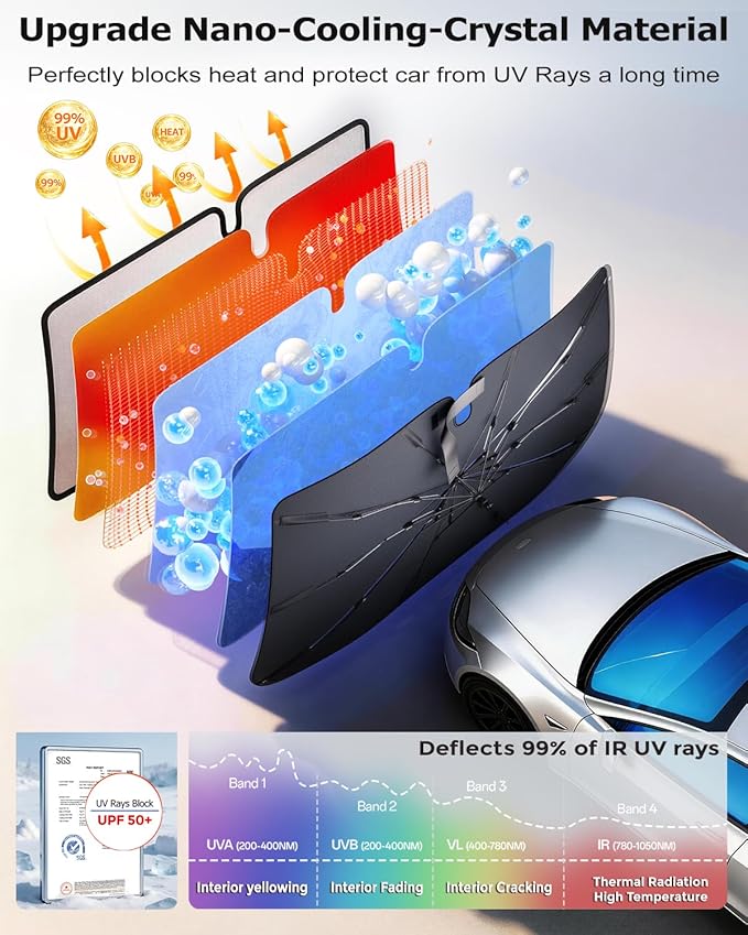 DMJN Umbrella Windshield Sun Shade for Ford F150 F250 F350 F450, Car Sunshade for Front Windshield [Nano Ice-Crystal Coatings] UPF50+ Heat & UV Block, Protect Interior & Keep Cooler