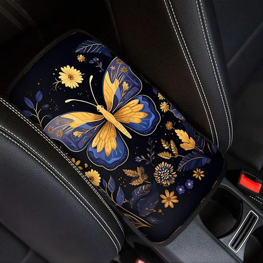 UNICEU Car Accessories Soft Comfy Armrest Cover Pad, Trippy Floral Butterfly Neoprene Car Center Console Armrest Protector Cover Universal Fit Trucks SUV Van