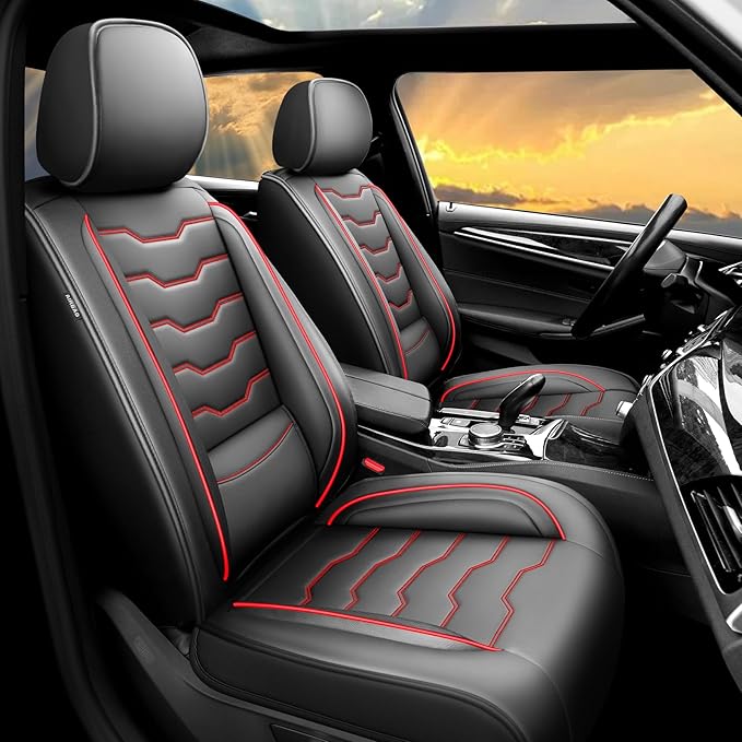 Fit Prius Car Seat Covers for Toyota Prius 2001-2025 2026 -Full Set Premium Leather, Waterproof, Breathable，All-Weather Seat Cushion Protecto & Airbag Compatible, 5-Seats Red Line Black
